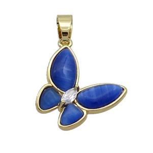 Copper Butterfly Pendant Pave Blue Catseye Gold Plated, approx 16-18mm