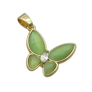 Copper Butterfly Pendant Pave Green Catseye Gold Plated, approx 16-18mm