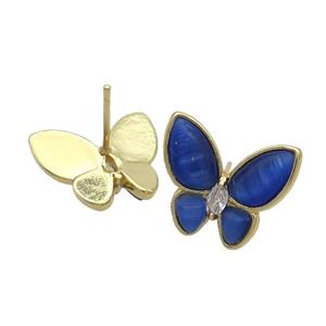 Copper Butterfly Stud Earring Pave Blue Catseye Gold Plated, approx 16-18mm