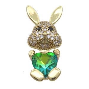 Copper Rabbit Pendant Pave Zircon Green Crystal Gold Plated, approx 11-25mm