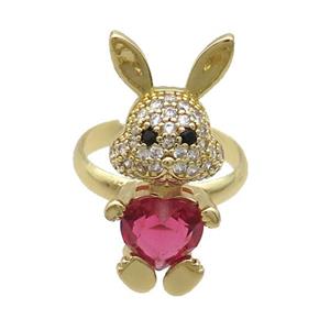 Copper Rabbit Ring Pave Zircon Red Crystal Adjustable Gold Plated, approx 11-25mm, 18mm dia