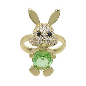 Copper Rabbit Ring Pave Zircon Green Crystal Adjustable Gold Plated, approx 11-25mm, 18mm dia