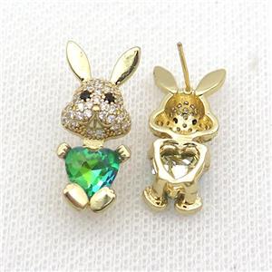 Copper Rabbit Stud Earring Pave Zircon Green Crystal Gold Plated, approx 11-25mm