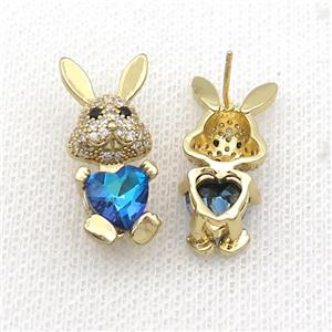 Copper Rabbit Stud Earring Pave Zircon Blue Crystal Gold Plated, approx 11-25mm