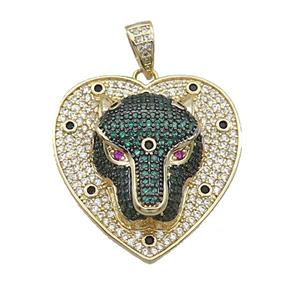 Copper Pendant Leopard Pave Zircon Heart Gold Plated, approx 30mm