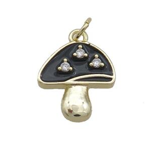 Copper Mushroom Pendant Pave Zircon Black Enamel Gold Plated, approx 14-15mm