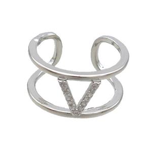 Copper Ring Pave Zircon V-Letter Platinum Plated, approx 10mm, 18mm dia