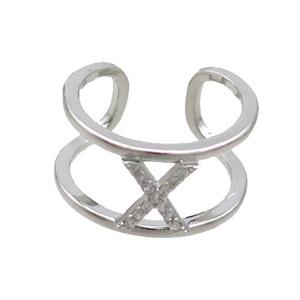 Copper Ring Pave Zircon X-Letter Platinum Plated, approx 10mm, 18mm dia