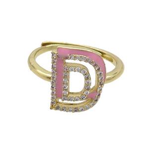 Copper Ring Pave Zircon D-Letter Adjustable Enamel Gold Plated, approx 10-14mm, 18mm dia