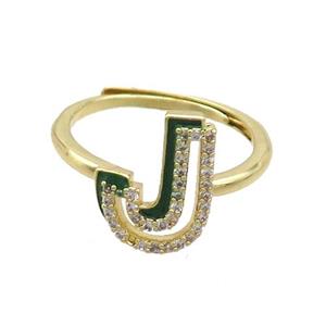 Copper Ring Pave Zircon J-Letter Adjustable Enamel Gold Plated, approx 10-14mm, 18mm dia