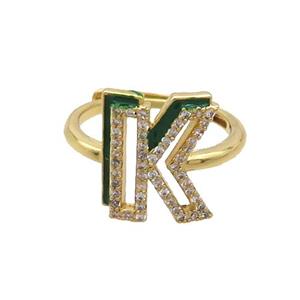 Copper Ring Pave Zircon K-Letter Adjustable Enamel Gold Plated, approx 10-14mm, 18mm dia