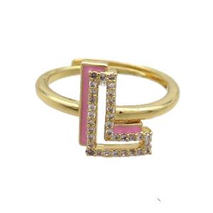 Copper Ring Pave Zircon L-Letter Adjustable Enamel Gold Plated, approx 10-14mm, 18mm dia