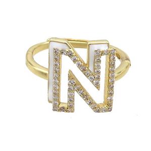 Copper Ring Pave Zircon N-Letter Adjustable Enamel Gold Plated, approx 10-14mm, 18mm dia