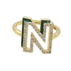 Copper Ring Pave Zircon N-Letter Adjustable Enamel Gold Plated, approx 10-14mm, 18mm dia