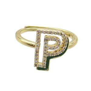 Copper Ring Pave Zircon P-Letter Adjustable Enamel Gold Plated, approx 10-14mm, 18mm dia