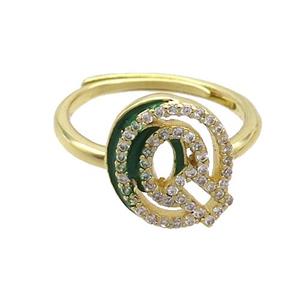 Copper Ring Pave Zircon Q-Letter Adjustable Enamel Gold Plated, approx 10-14mm, 18mm dia