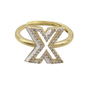 Copper Ring Pave Zircon X-Letter Adjustable Enamel Gold Plated, approx 10-14mm, 18mm dia