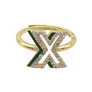 Copper Ring Pave Zircon X-Letter Adjustable Enamel Gold Plated, approx 10-14mm, 18mm dia