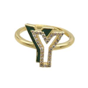 Copper Ring Pave Zircon Y-Letter Adjustable Enamel Gold Plated, approx 10-14mm, 18mm dia