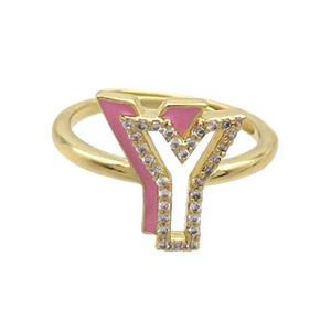 Copper Ring Pave Zircon Y-Letter Adjustable Enamel Gold Plated, approx 10-14mm, 18mm dia