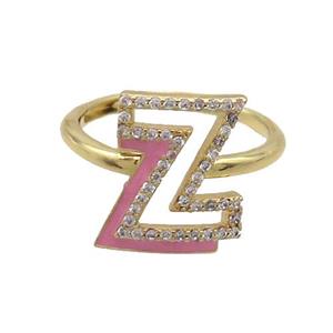 Copper Ring Pave Zircon Z-Letter Adjustable Enamel Gold Plated, approx 10-14mm, 18mm dia