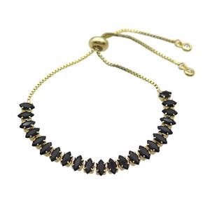 Copper Bracelet Pave Black Crystal Glass Adjustable Gold Plated, approx 3x6mm, 26cm length