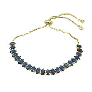 Copper Bracelet Pave Darkblue Crystal Glass Adjustable Gold Plated, approx 3x6mm, 26cm length