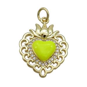 Copper Heart Pendant Pave Zircon Yellow Enamel Gold Plated, approx 16.5-20mm