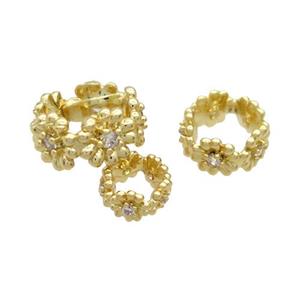 Copper Rondelle Beads Pave Zircon Large Hole Gold Plated, approx 8mm