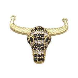 Copper Bullhead Pendant Pave Black Zircon 2loops Gold Plated, approx 22-28mm