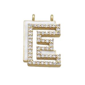 Copper Pendant Pave Zircon White Enamel Letter-E 2loops Gold Plated, approx 15-16mm