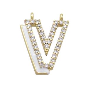 Copper Pendant Pave Zircon White Enamel Letter-V 2loops Gold Plated, approx 15-16mm