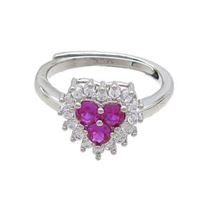 Copper Ring Pave Zircon Hotpink Heart Adjustable Platinum Plated, approx 11mm, 18mm dia