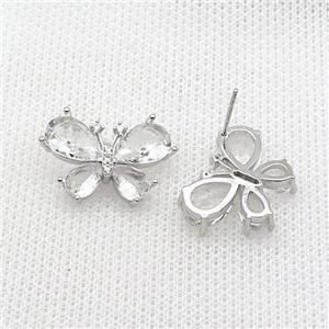 Copper Butterfly Stud Earring Pave Crystal Glass Platinum Plated, approx 15-20mm