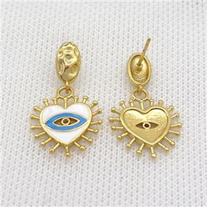 Copper Stud Earring Heart White Enamel Eye Gold Plated, approx 18mm, 6-10mm