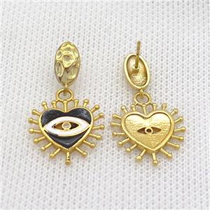 Copper Stud Earring Heart Black Enamel Eye Gold Plated, approx 18mm, 6-10mm