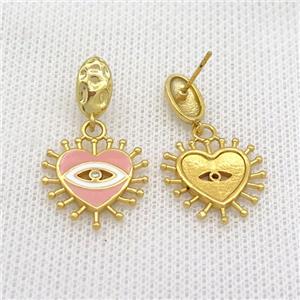 Copper Stud Earring Heart Pink Enamel Eye Gold Plated, approx 18mm, 6-10mm