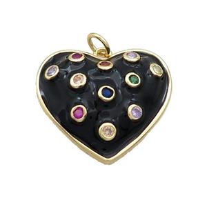 Copper Heart Pendant Pave Zircon Black Enamel Gold Plated, approx 23mm