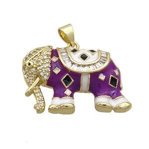 Copper Elephant Pendant Pave Zircon Purple Enamel Gold Plated, approx 20-30mm