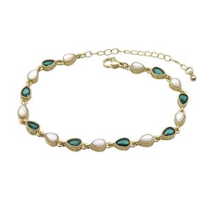 Copper Bracelets Pave Green Zirocn Teardrop Gold Plated, approx 5-7mm, 18-24cm length