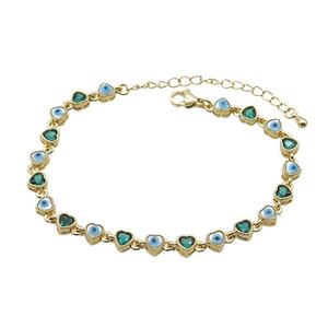 Copper Bracelets Pave Green Zirocn Heart Evil Eye Gold Plated, approx 5mm, 18-24cm length