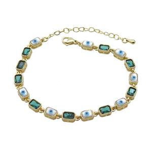 Copper Bracelets Pave Green Zirocn Rectangle Evil Eye Gold Plated, approx 5-7mm, 18-24cm length