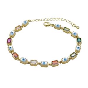 Copper Bracelets Pave Multicolor Zirocn Rectangle Evil Eye Gold Plated, approx 5-7mm, 18-24cm length