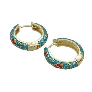 Copper Hoop Earrings Green Enamel Gold Plated, approx 19mm dia