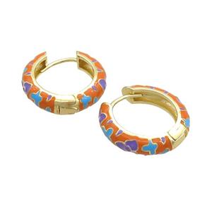 Copper Hoop Earrings Orange Enamel Gold Plated, approx 19mm dia