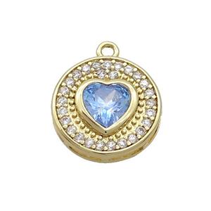 Copper Circle Pendant Pave Zircon Blue Heart Gold Plated, approx 14mm