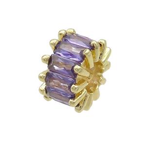 Copper Rondelle Beads Pave Purple Zircon Large Hole Gold Plated, approx 10mm, 4mm hole