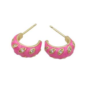 Copper Stud Earrings Pave Zircon Pink Enamel Gold Plated, approx 14mm