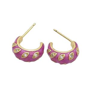 Copper Stud Earrings Pave Zircon Fuchsia Enamel Gold Plated, approx 14mm