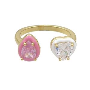 Copper Rings Pave Zircon Teardrop Heart Enamel Gold Plated, approx 8.5mm, 7.5-9mm, 18mm dia